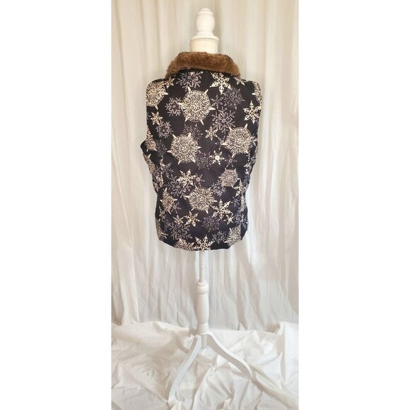 Eddie Bauer Down Vest Womens Large Navy Snowflake Print Full Zip Faux Fur Collar - Picture 8 of 16